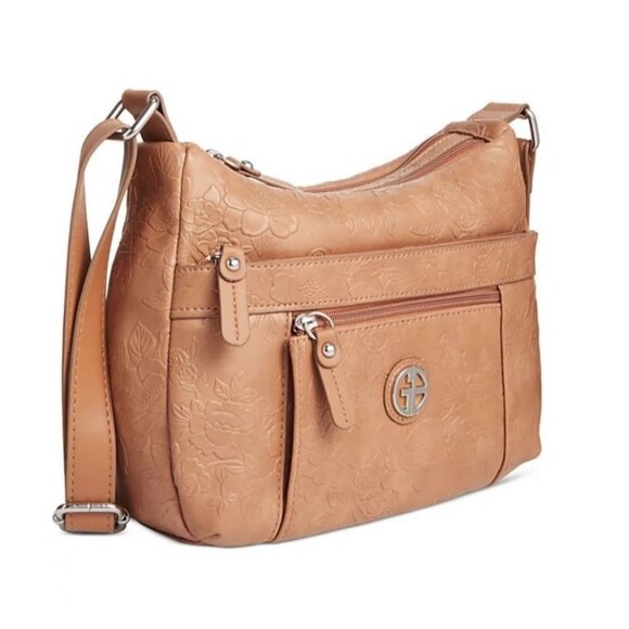 GIANI BERNINI tooled floral embossed hobo shoulder crossbody bag - Cognac/ Tan - Picture 2 of 7